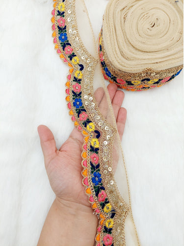 9 Yards Scallop Sequin Floral Border, Beige Shimmer Tissue Fabric Lace Trim Flowers Embroidery, Floral Sari Trimming